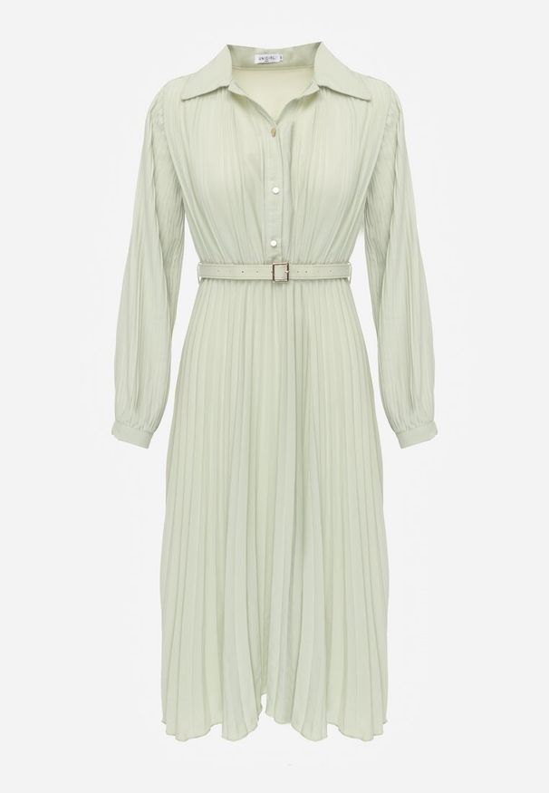 Renee - Zielona Koszulowa Sukienka z Plisowanymi Zdobieniami i Paskiem z Klamrą Efrivelle. Okazja: na co dzień. Kolor: zielony. Długość rękawa: długi rękaw. Wzór: aplikacja. Typ sukienki: koszulowe. Styl: casual, klasyczny, elegancki