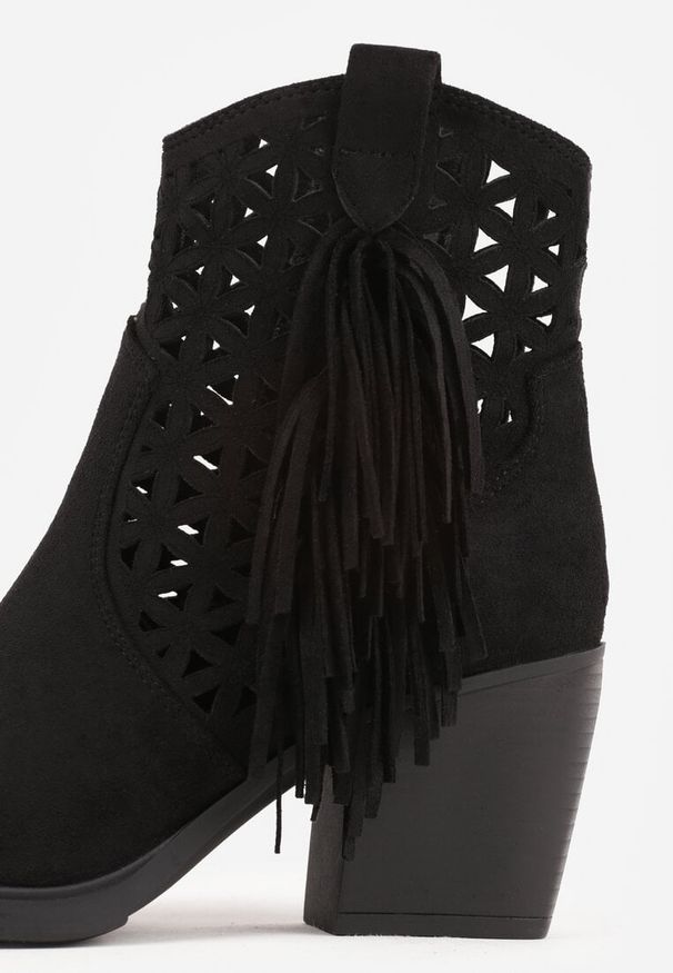 Born2be - Czarne Botki Kowbojki na Stożkowym Obcasie z Ażurowym Wzorem i Eathetina. Okazja: na co dzień. Kolor: czarny. Materiał: jeans. Wzór: ażurowy. Obcas: na obcasie. Styl: boho, casual, elegancki. Wysokość obcasa: średni