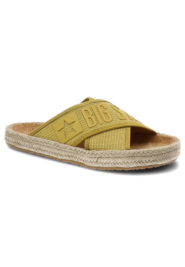 Big-Star - Żółte Klapki Big Star Modne Buty Na Lato. Okazja: na co dzień, na plażę. Kolor: żółty. Materiał: skóra ekologiczna, materiał. Wzór: paski. Sezon: lato. Styl: casual, sportowy