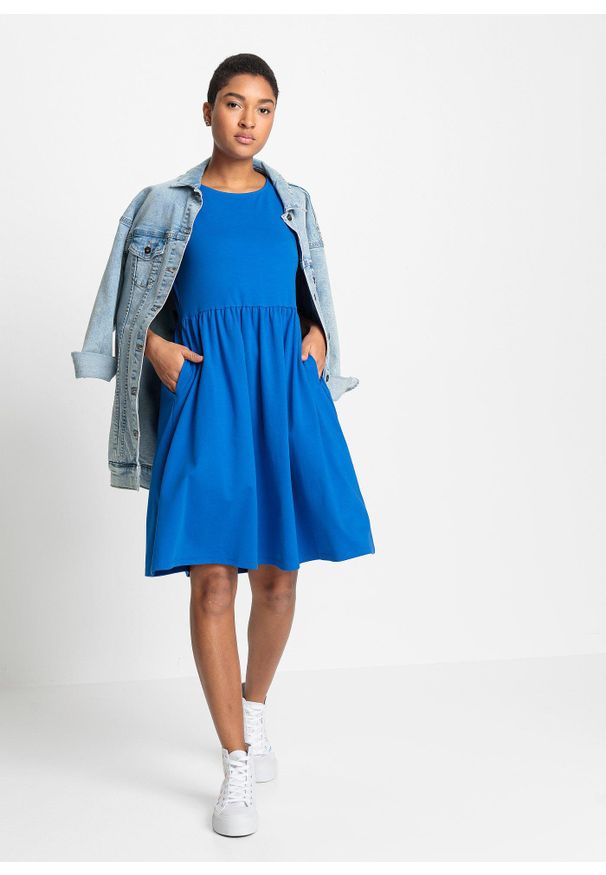 bonprix - Sukienka z kieszeniami, z czystej bawełny. Kolor: niebieski. Materiał: bawełna