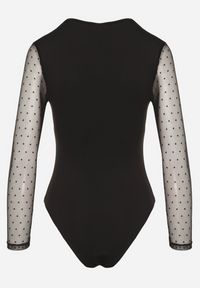 Born2be - Czarne Body Vices z Transparentnymi Rękawami w Kropki Klavie. Okazja: na co dzień. Kolor: czarny. Materiał: jeans. Wzór: kropki. Styl: casual