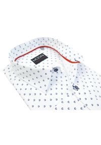 Modini - Biała koszula z granatowym wzorem A35. Typ kołnierza: kołnierzyk klasyczny. Kolor: biały, wielokolorowy, niebieski. Materiał: bawełna, poliester, tkanina. Długość: długie. Styl: klasyczny #1