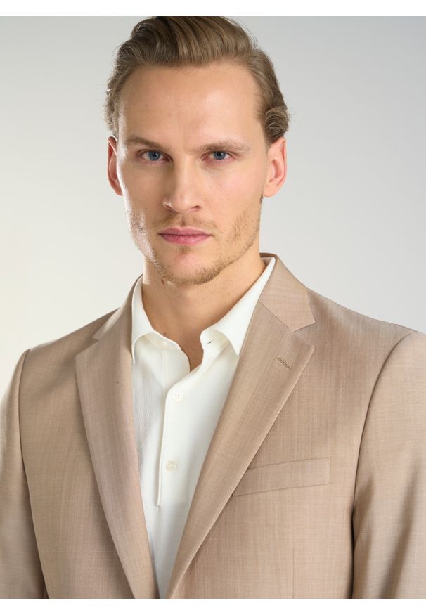 Pako Lorente - PAKO LORENTE – Beżowa wełniana marynarka męska. Okazja: na komunię, na ślub cywilny, na wesele. Kolor: beżowy. Materiał: wełna. Styl: boho