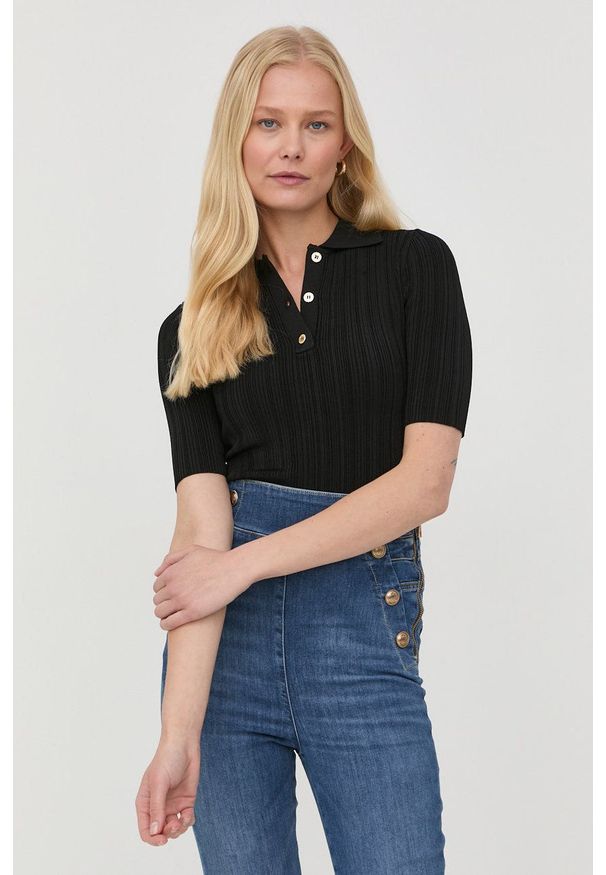 Marciano Guess body damskie kolor czarny z kołnierzykiem. Kolor: czarny. Materiał: dzianina. Długość rękawa: krótki rękaw. Długość: krótkie. Wzór: gładki