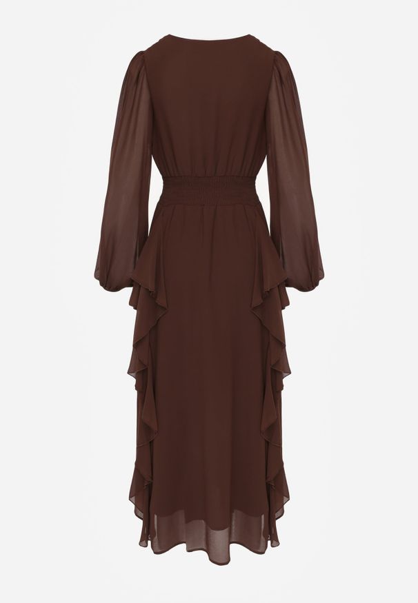 Renee - Brązowa Rustykalna Sukienka Wieczorowa z Falbanami i Marszczeniem w Talii Himereanes. Typ kołnierza: kołnierz z falbankami. Kolor: brązowy. Materiał: tkanina. Wzór: gładki, aplikacja. Typ sukienki: rozkloszowane. Styl: wizytowy