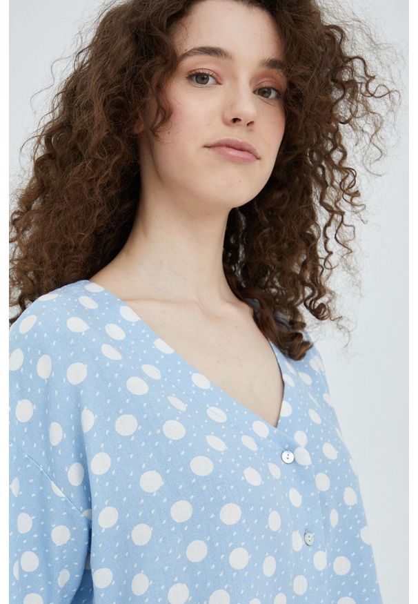 Vero Moda koszula z domieszką lnu damska relaxed. Kolor: niebieski. Materiał: len. Długość rękawa: krótki rękaw. Długość: krótkie