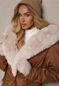 Renee - Brązowa Ocieplana Kurtka Parka z Kapturem i Ściągaczem w Pasie Semilaura. Okazja: na co dzień. Typ kołnierza: kaptur. Kolor: brązowy. Materiał: jeans, futro. Długość rękawa: długi rękaw. Długość: długie. Styl: klasyczny, elegancki, casual #3