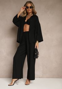 Renee - Czarny Wiskozowy Komplet Oversize Koszula i Spodnie Wide Leg Zierana. Kolor: czarny. Materiał: wiskoza