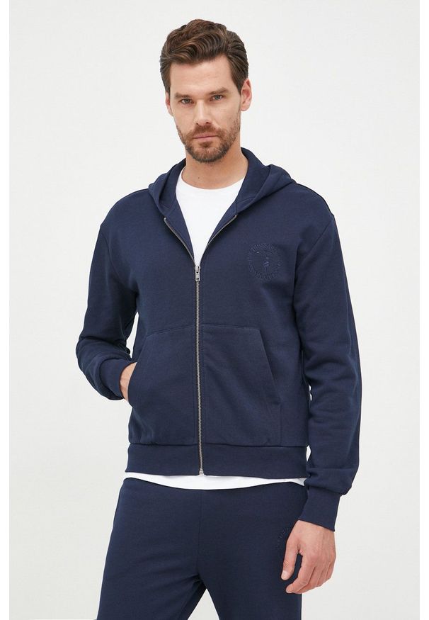 Trussardi Jeans - Trussardi bluza bawełniana męska kolor granatowy z kapturem gładka. Okazja: na co dzień. Typ kołnierza: kaptur. Kolor: niebieski. Materiał: bawełna. Wzór: gładki. Styl: casual