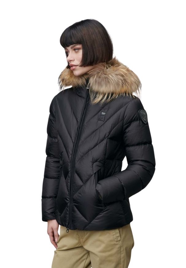 Blauer USA - BLAUER Czarna kurtka damska Alicia Short Jackets, Rozmiar L. Typ kołnierza: kaptur. Kolor: czarny. Materiał: futro, poliamid. Styl: elegancki