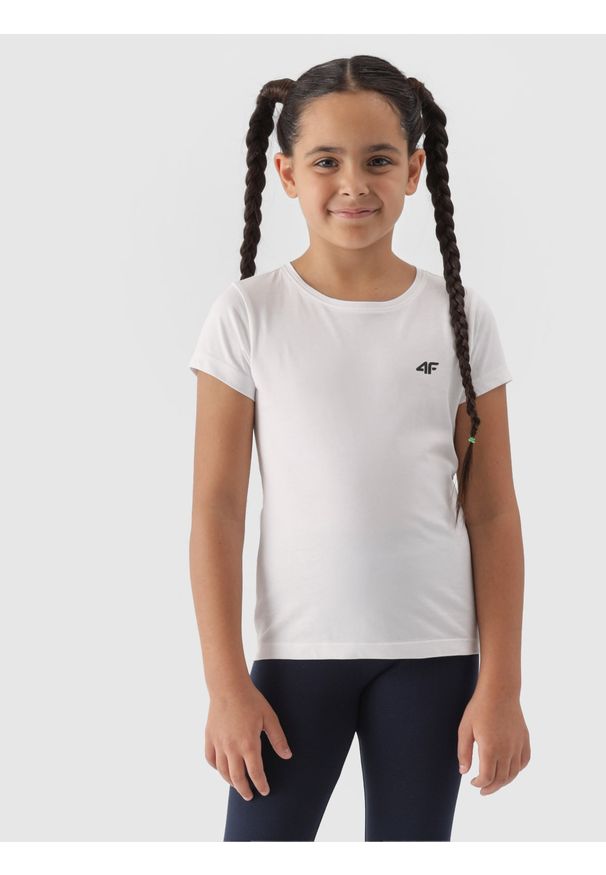 4f - 4F T-shirt gładki dziewczęcy - biały 158 (12-13 lat). Okazja: na co dzień. Kolor: biały. Materiał: dzianina, jersey, bawełna. Długość rękawa: krótki rękaw. Długość: krótkie. Wzór: gładki. Sezon: lato. Styl: casual, sportowy