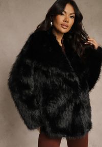 Renee - Czarna Dwurzędowa Kurtka Futerko Oversize Nenalla. Okazja: na co dzień. Kolor: czarny. Materiał: futro. Styl: casual