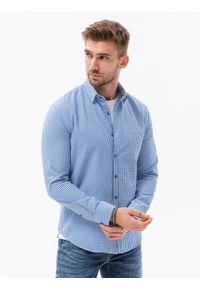 Ombre Clothing - Bawełniana koszula męska z printem w drobną kratę REGULAR FIT - biało-niebieska V2 K638 - XL. Kolor: biały. Materiał: bawełna. Wzór: nadruk