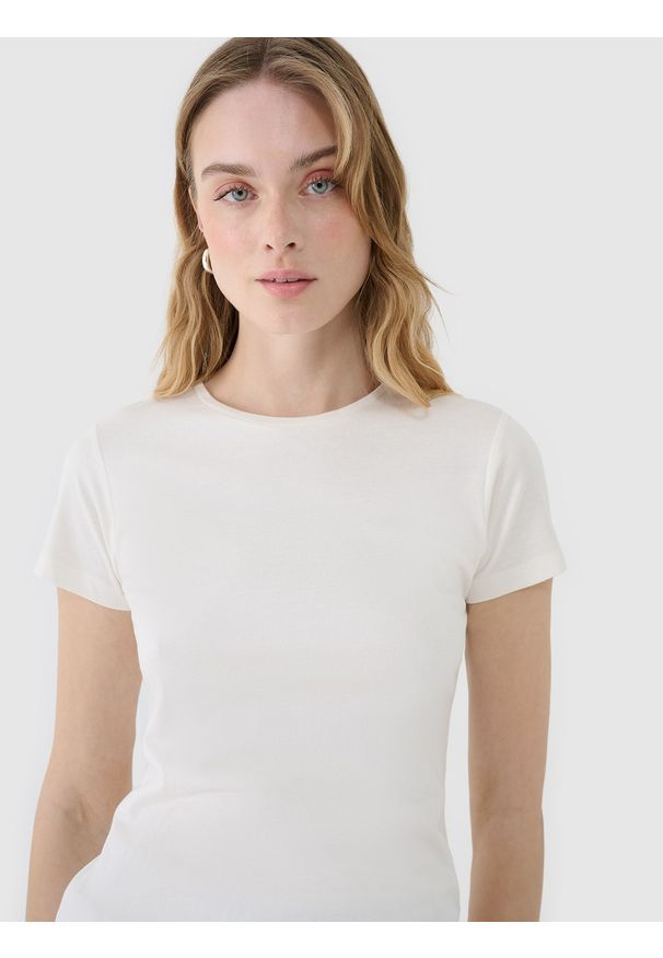 4f - 4F T-shirt slim z modalem damski - biały S. Okazja: na co dzień. Kolor: biały. Materiał: dzianina, materiał, bawełna, jersey. Długość rękawa: krótki rękaw. Długość: krótkie. Wzór: gładki, ze splotem. Sezon: lato. Styl: klasyczny, sportowy, casual