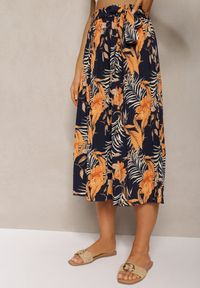 Renee - Granatowo-Pomarańczowe Spodnie High Waist z Szerokimi Nogawkami z Gumką w Talii i Materiałowym Paskiem Berlefia. Stan: podwyższony. Kolor: niebieski. Materiał: materiał. Sezon: lato #4