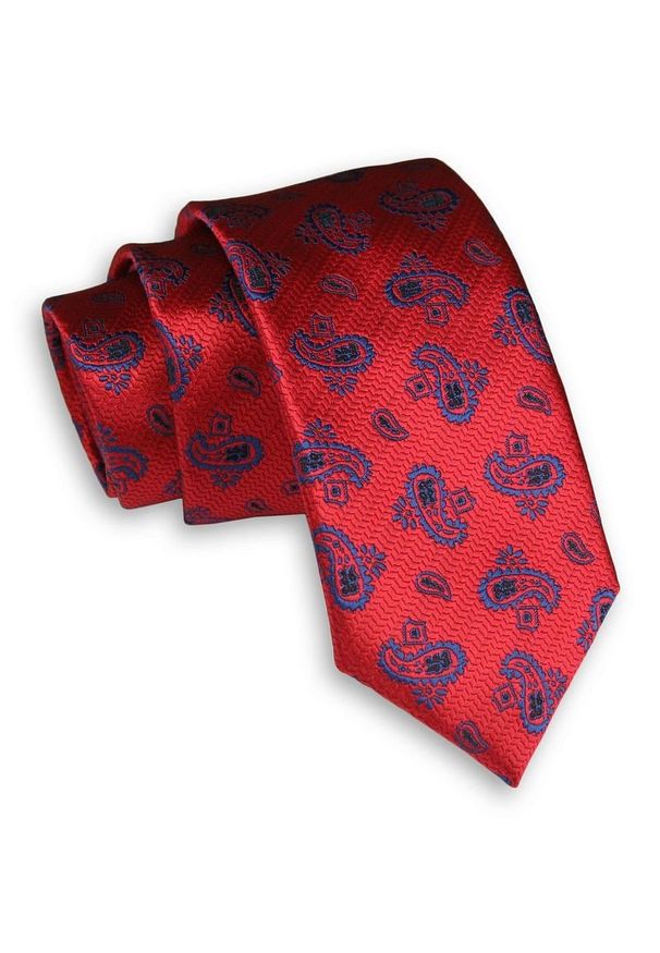 Alties - Czerwony Elegancki Męski Krawat -ALTIES- 6 cm, Klasyczny, w Niebieski Wzór Paisley. Kolor: niebieski, wielokolorowy, czerwony. Materiał: tkanina. Wzór: paisley. Styl: elegancki, klasyczny