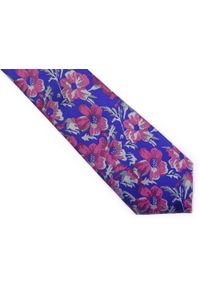 Modini - Niebieski krawat męski w różowe kwiaty C1. Kolor: różowy, wielokolorowy, niebieski. Materiał: mikrofibra, tkanina. Wzór: kwiaty #1