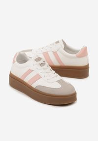 Renee - Biało-Różowe Sneakersy na Kauczukowej Podeszwie Ozdobione Paskami Nilimea. Okazja: na co dzień. Zapięcie: pasek. Kolor: biały. Materiał: kauczuk. Wzór: aplikacja