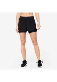 DOMYOS - Spodenki fitness cardio damskie Domyos 2 w 1. Kolor: czarny. Materiał: materiał, skóra. Sport: fitness