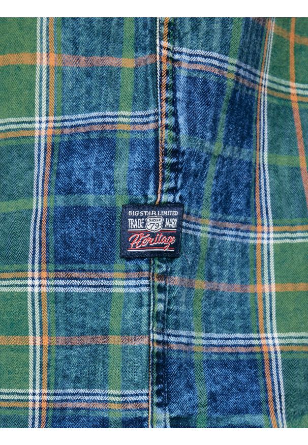 Big-Star - Koszula męska bawełniana w kratę zielono-granatowa Merowi 304. Okazja: na co dzień. Kolor: zielony. Materiał: bawełna. Wzór: ze splotem. Styl: klasyczny, casual, elegancki