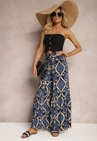 Renee - Czarno-Granatowe Spodnie Szerokie z Wiskozy w Ornamentalny Wzór High Waist Cramelia. Stan: podwyższony. Kolor: czarny. Materiał: wiskoza. Długość: długie