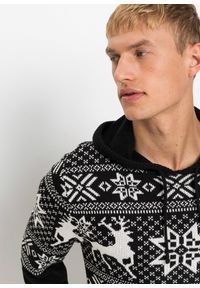 bonprix - Sweter w norweski wzór, z kapturem, z bawełną. Typ kołnierza: kaptur. Kolor: czarny. Materiał: bawełna. Wzór: prążki