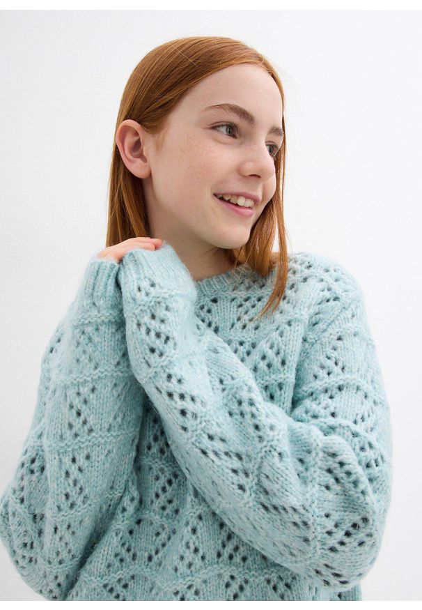 bonprix - Gruby sweter w ażurowy wzór. Kolor: szary. Wzór: ażurowy