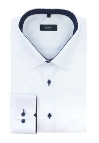 Mmer / Villaro - Koszule męskie - Biała koszula męska Mmer z granatowymi wykończeniami 070. Typ kołnierza: kołnierzyk klasyczny. Kolor: biały, wielokolorowy, niebieski. Materiał: bawełna, tkanina. Długość: długie. Wzór: kropki. Styl: klasyczny #1
