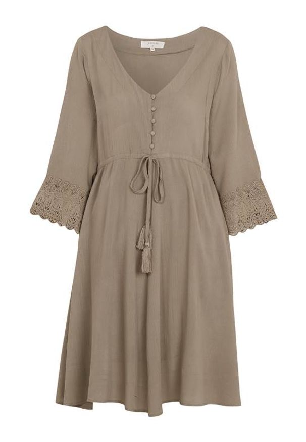 Cream Marszczona sukienka Bea beżowo-khaki female beżowy 36. Kolor: beżowy. Materiał: tkanina, koronka, wiskoza