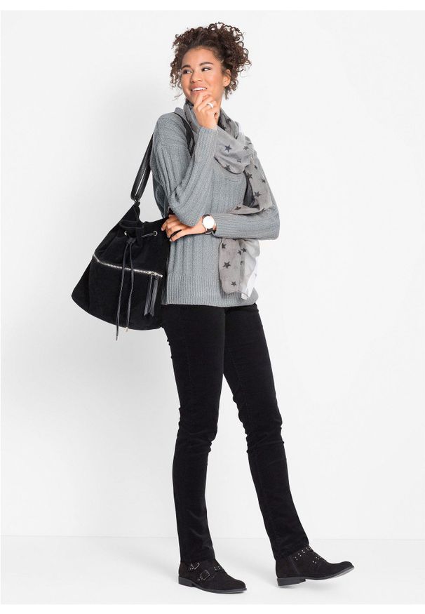 bonprix - Spodnie sztruksowe ze stretchem o kroju slim fit. Kolor: czarny. Materiał: sztruks