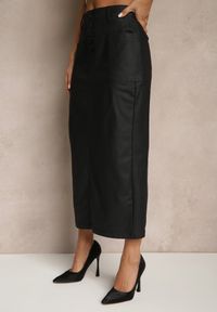 Renee - Czarna Ołówkowa Spódnica Midi High Waist z Ekoskóry Adaulfo. Stan: podwyższony. Kolor: czarny. Sezon: zima #3