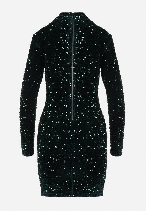 Born2be - Ciemnozielona Dopasowana Sukienka Mini z Półgolfem Zdobiona Cekinami Jurottja. Kolor: zielony. Długość rękawa: długi rękaw. Wzór: aplikacja. Typ sukienki: proste. Długość: mini