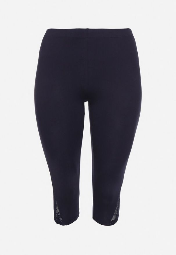 Born2be - Granatowe Legginsy z Bawełny 3/4 z Koronką Mavirene. Okazja: na co dzień. Kolekcja: plus size. Kolor: niebieski. Materiał: bawełna, koronka. Wzór: koronka. Styl: elegancki, casual