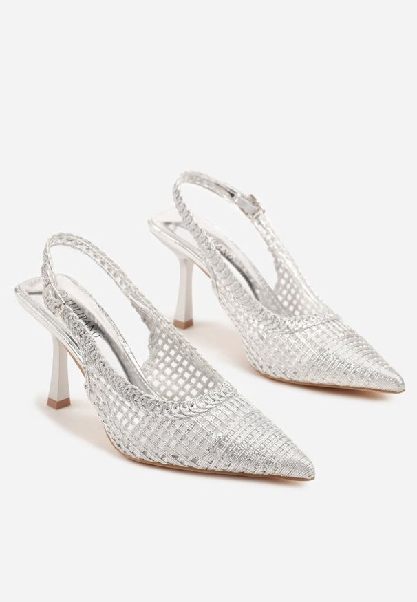 Renee - Srebrne Sandały na Szpilce Typu Slingback Ozdobione Plecionką Meranoria. Okazja: na co dzień. Zapięcie: sprzączka. Kolor: srebrny. Wzór: aplikacja. Obcas: na szpilce. Styl: casual, elegancki