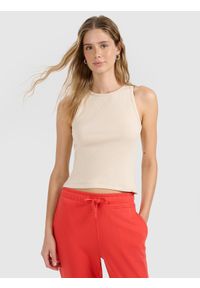 4f - 4F Top slim gładki damski - beżowy XL. Kolor: beżowy. Materiał: jersey, dzianina, materiał, bawełna, elastan. Wzór: gładki