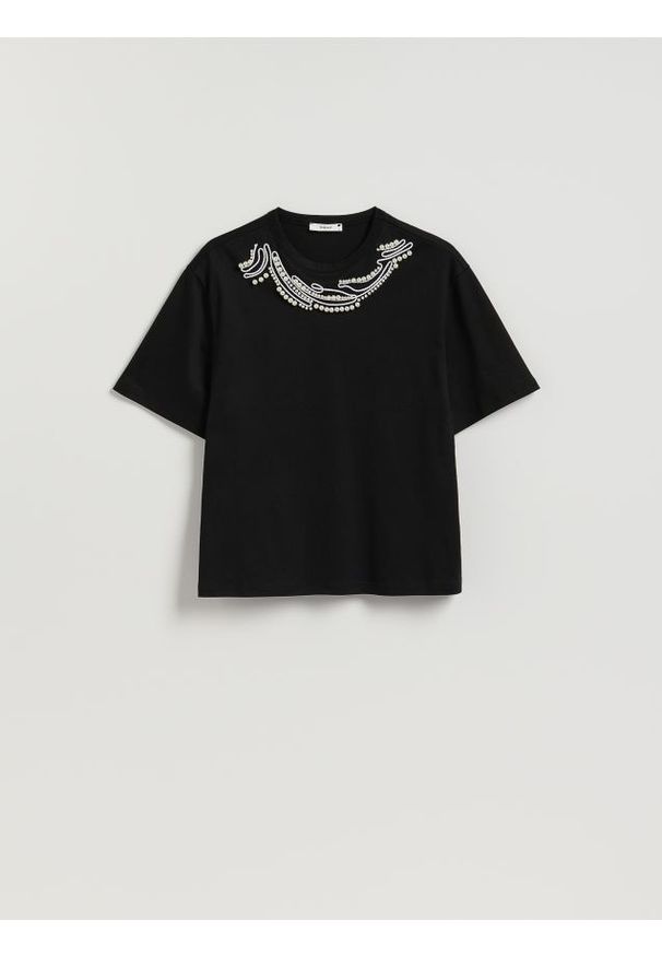Reserved - T-shirt z imitacją pereł - czarny. Kolor: czarny. Materiał: bawełna, dzianina