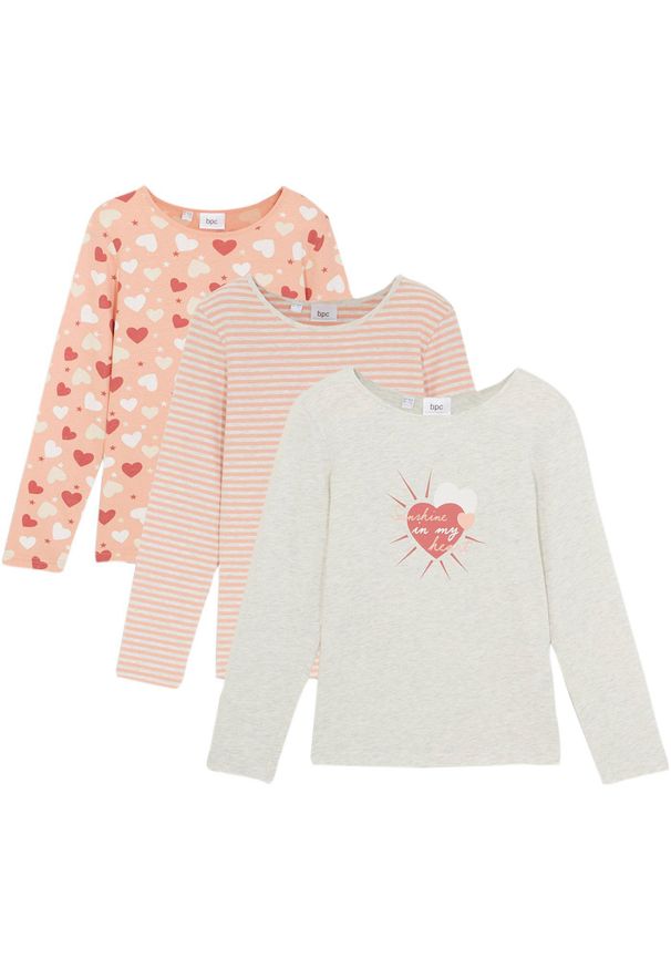 bonprix - Shirt z długim rękawem, z czystej bawełny organicznej (3 szt.). Kolor: biały. Materiał: bawełna. Długość rękawa: długi rękaw. Długość: długie. Wzór: nadruk