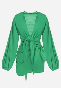 Born2be - Zielony 2-częściowy Komplet z Bluzką i Spódnicą Zdobionych Wiązaniem Elistra. Kolor: zielony. Wzór: aplikacja