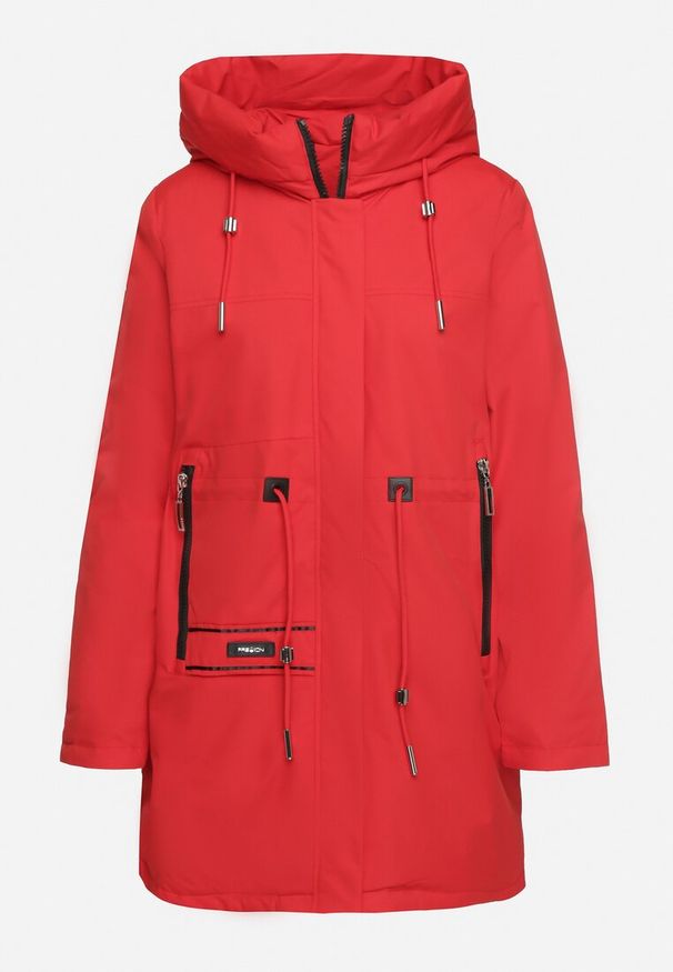 Born2be - Czerwona Kurtka Parka Zapinana na Napy Ściągana w Pasie Troczkami Arstilla. Okazja: na co dzień. Kolor: czerwony. Materiał: dzianina, jeans. Styl: elegancki, casual
