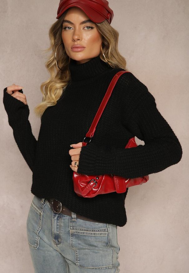 Renee - Czarny Casualowy Golf Ertinna. Okazja: na co dzień. Typ kołnierza: golf. Kolor: czarny. Wzór: aplikacja. Styl: casual