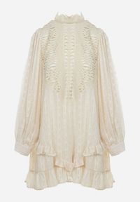 Born2be - Jasnobeżowa Ażurowa Sukienka Mini ze Stójką i Falbankami Ranones. Typ kołnierza: kołnierz z falbankami, kołnierzyk stójkowy. Kolor: beżowy. Materiał: tkanina. Wzór: ażurowy. Styl: retro. Długość: mini #5