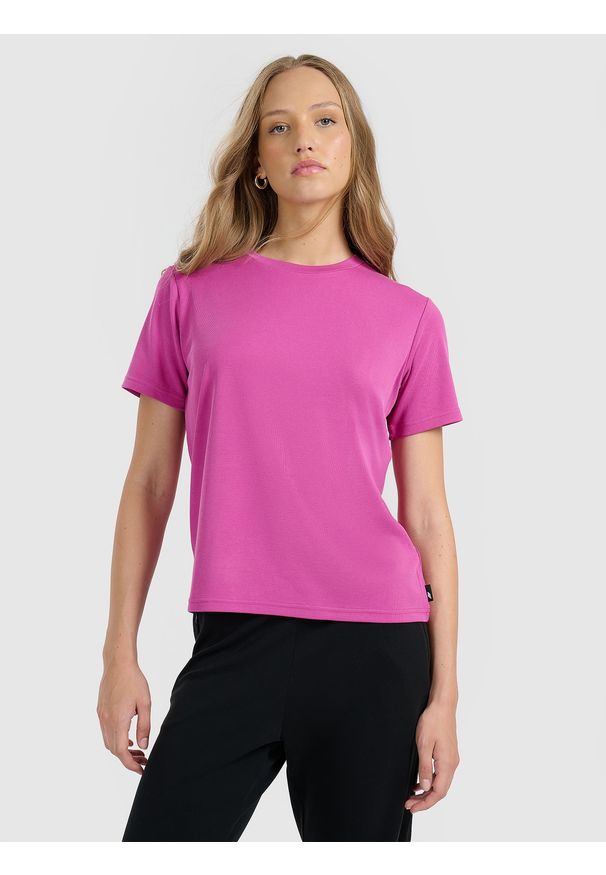 4f - 4F T-shirt z prążkowanej dzianiny z modalem damski - różowy L. Okazja: na co dzień. Kolor: różowy. Materiał: prążkowany, dzianina. Styl: casual