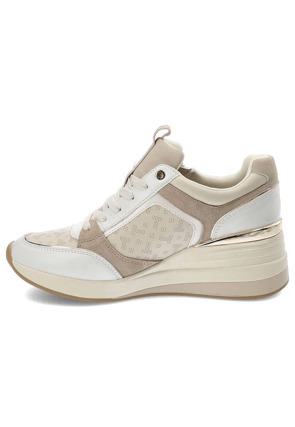 Beżowe Sneakersy Tamaris Wygodne Buty Damskie. Okazja: na co dzień. Kolor: beżowy. Szerokość cholewki: normalna. Wzór: aplikacja. Obcas: na koturnie. Styl: casual