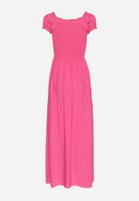 Born2be - Różowa Wiskozowa Sukienka Hiszpanka z Marszczoną Górą Jenanira. Okazja: na co dzień. Typ kołnierza: dekolt hiszpanka. Kolor: różowy. Materiał: wiskoza. Styl: casual, klasyczny #2