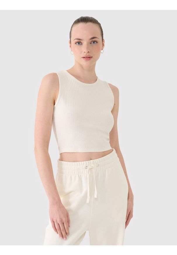 4f - 4F Crop top dzianinowy damski - biały M. Kolor: biały. Materiał: dzianina. Długość rękawa: na ramiączkach. Wzór: prążki, jednolity