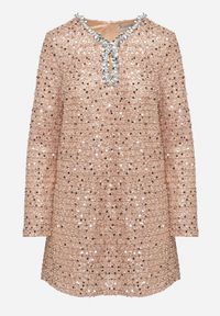 Born2be - Beżowo-Złota Koktajlowa Cekinowa Sukienka o Pudełkowym Kroju Sewilena. Okazja: na co dzień. Kolor: beżowy. Wzór: aplikacja. Styl: wizytowy #3