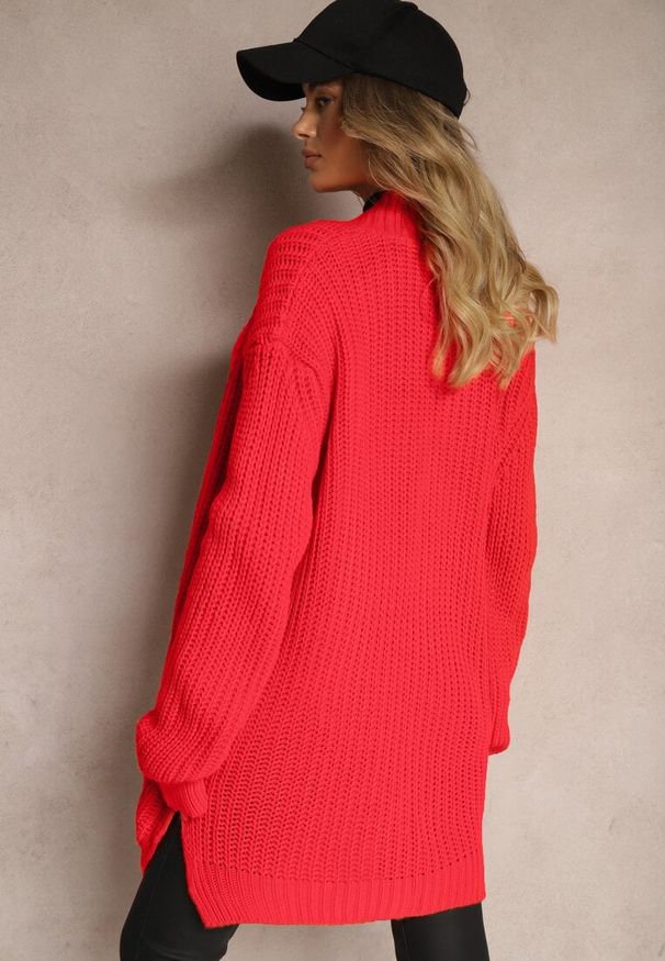 Renee - Czerwony Kardigan z Kieszeniami Niezapinany Parika. Okazja: na co dzień, na spotkanie biznesowe. Kolor: czerwony. Materiał: jeans. Styl: elegancki, biznesowy, wizytowy, casual