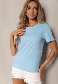 Renee - Niebieski T-shirt Koszulka z Krótkim Rękawem i Okrągłym Dekoltem Tiarella. Kolor: niebieski. Materiał: jeans, bawełna. Długość rękawa: krótki rękaw. Długość: krótkie. Wzór: aplikacja. Styl: elegancki #2