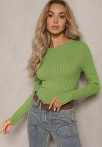 Renee - Jasnozielony Casualowy Sweter z Prążkowanego Materiału Zintra. Okazja: na co dzień. Kolor: zielony. Materiał: materiał, prążkowany. Długość rękawa: długi rękaw. Długość: długie. Styl: casual