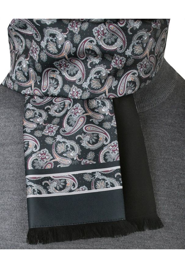 Elegancki Szalik Wełniano-Jedwabny - His Story - Grafit z Wzorem Paisley. Materiał: wełna, jedwab. Wzór: paisley. Sezon: jesień, zima. Styl: elegancki